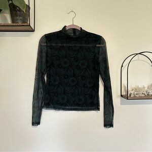 Anthropologie Gauzy Semi Sheer Green Floral Turtleneck Long Sleeve Shirt XS